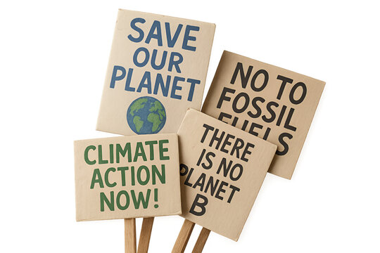 Ultra-realistic transparent background photo of a stack of climate protest placards with handwritten slogans like “Save Our Planet” and “No to Fossil Fuels,” wood sticks and paper textures sharp, symb