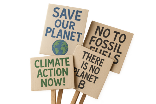 Ultra-realistic transparent background photo of a stack of climate protest placards with handwritten slogans like “Save Our Planet” and “No to Fossil Fuels,” wood sticks and paper textures sharp, symb