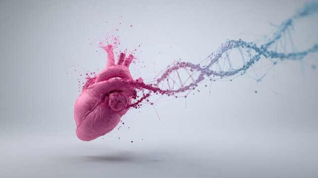 A vivid digital art piece of a heart merging with a DNA strand, highlighting the connection between biology and genetics.