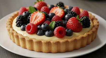 Vibrant Berry Tart with Creamy Custard, Fresh Strawberries, Blueberries, Raspberries, Blackberries, and Mint on a White Plate