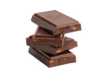 Delicious broken milk chocolate pieces stacked in close-up studio photography, rich brown sweet dessert candy with caramel undertones, isolated on black background for food and advertising use