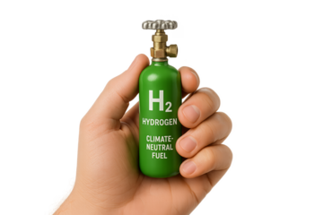 High-resolution transparent background studio photo of a hand holding a small green hydrogen fuel cell cylinder with detailed valve and label visible, isolated perfectly, symbolizing renewable energy 