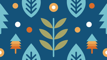 Seamless Pattern of Stylized Trees and Leaves on Dark Blue Background texture