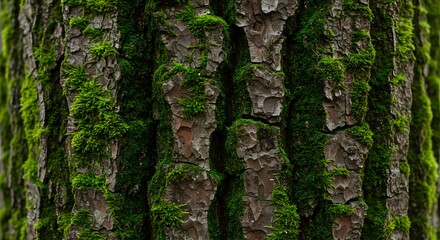 Obraz premium Autumn tree bark texture with moss and natural cracks showing organic seasonal details in forest light