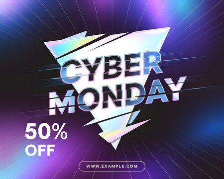 Cyber monday 50 off sale advertisement with holographic triangle design and vibrant neon background, promoting online deals and savings - Powered by Adobe