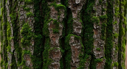 Autumn tree bark texture with moss and natural cracks showing organic seasonal details in forest light
