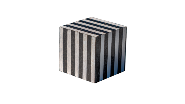 Striped cube on white wood 