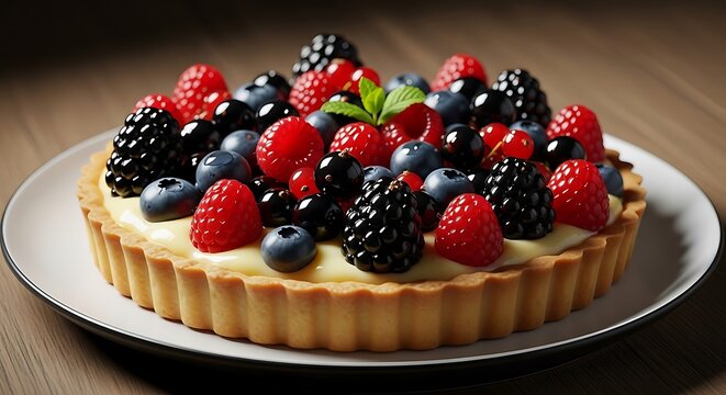 Fresh Mixed Berry Fruit Tart with Creamy Custard Filling and Mint Garnish on White Plate