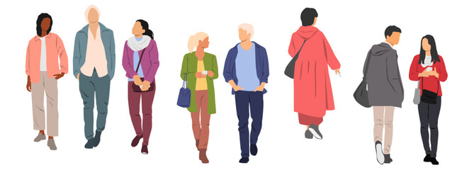 Set of young men and women walk, front and back view, profile, different colors, cartoon character, silhouettes business people, students, design concept of flat icon, isolated on white 