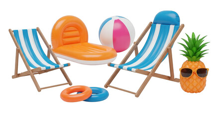 3d beach scene with deck chairs and pineapple character
