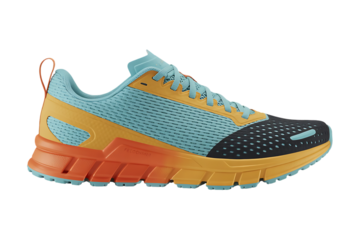 Vibrant running shoe in teal blue and fiery orange with black accents, dynamic studio product shot isolated on black background, athletic footwear design for sports and fitness branding