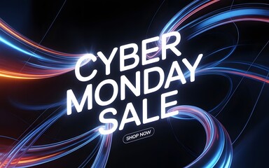 Dynamic cyber monday sale banner with abstract light trails and glowing text, highlighting special offers and online shopping opportunities