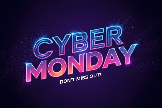 Cyber monday sale with glowing neon text and sparkling effects on a dark background, promoting online shopping deals and discounts - Powered by Adobe
