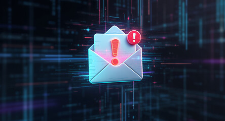 3D envelope icon with exclamation mark alert, floating over abstract hacker-style background, glitch and static noise