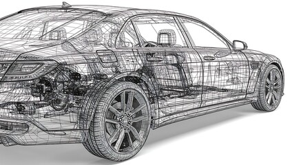 Automotive design wireframe of a modern sedan car.