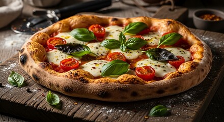 Authentic Neapolitan Margherita Pizza with Fresh Mozzarella, Basil, and Cherry Tomatoes on Rustic Wooden Board