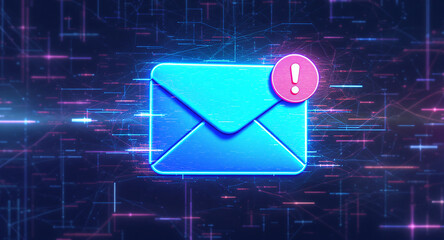 3D envelope icon with exclamation mark alert, floating over abstract hacker-style background, glitch and static noise