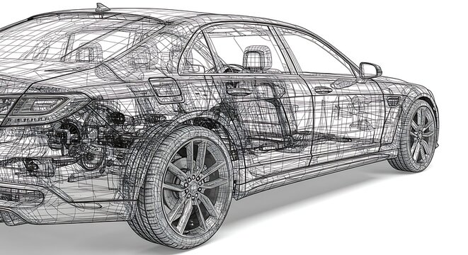 Automotive design wireframe of a modern sedan car.