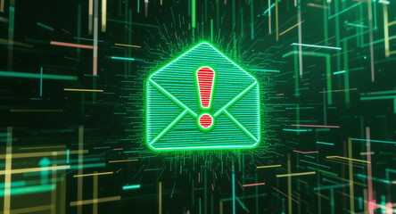 3D envelope icon with exclamation mark alert, floating over abstract hacker-style background, glitch and static noise