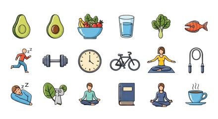 3d healthy lifestyle icons collection food fitness sleep and wellness
