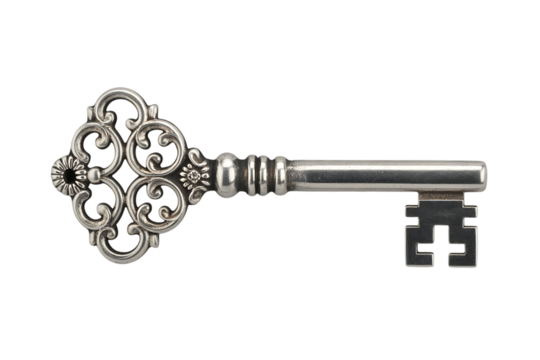 Ornate antique silver key with intricate filigree bow and detailed geometric bit, photorealistic horizontal studio shot isolated on black background, elegant and mysterious craftsmanship