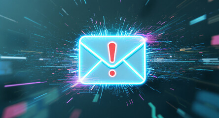 3D envelope icon with exclamation mark alert, floating over abstract hacker-style background, glitch and static noise