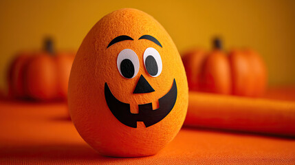 Halloween egg craft with festive orange pumpkin face and blurred pumpkins in background creating joyful seasonal decoration for autumn celebration