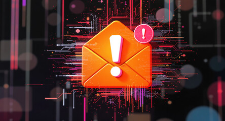 3D envelope icon with exclamation mark alert, floating over abstract hacker-style background, glitch and static noise