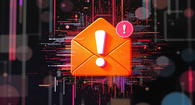 3D envelope icon with exclamation mark alert, floating over abstract hacker-style background, glitch and static noise
