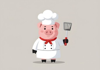 Cute Cartoon Pig Chef Holding a Spatula