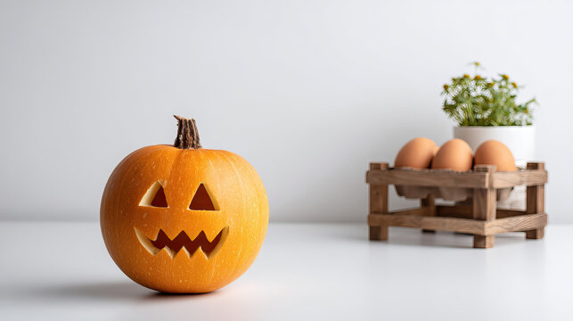 Jack o lantern pumpkin with carved face on white surface next to wooden crate holding brown eggs and small potted plant, creating cozy autumn atmosphere