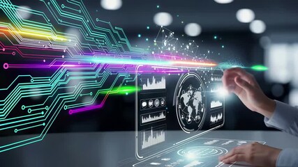 Interactive holographic business interface with global analytics dashboard, circuit patterns, and data visualization. Futuristic digital technology for corporate intelligence and virtual reality - Powered by Adobe