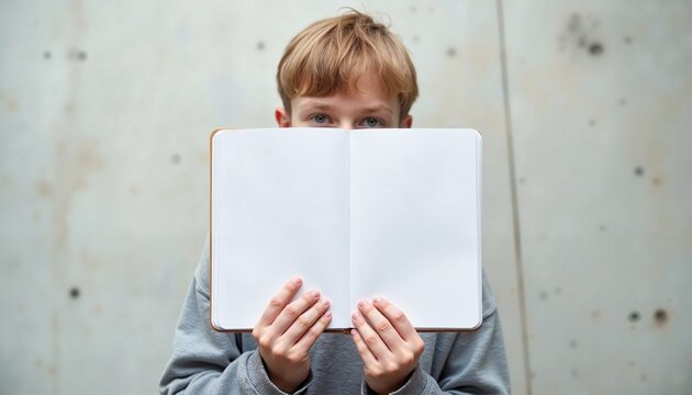 Young boy holding empty notebook in front of his face indoors