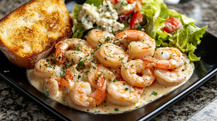 A plate of cooked shrimp garnished with herbs, served with a side salad and toasted bread. The dish is colorful and appetizing, showcasing seafood cuisine.