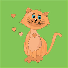 Cat, cute kitten on olive background with heart children funny.  Vector Illustration.