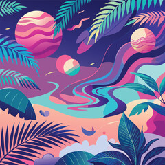 Surreal Landscape with Swirling Colors Planets and Tropical Leaves abstract