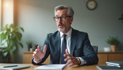Senior businessman explaining ideas while sitting at office desk