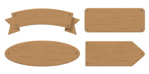 Set of four textured wooden signs in banner, rounded square, oval, and pentagon shapes, flat minimalist vector illustration isolated on black background, clean graphic elements