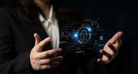 Cybersecurity system interface with biometric lock and data protection. Cybersecurity protects...