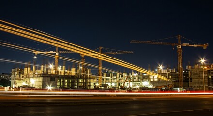 Nighttime Construction Site with Light Trails and Cranes