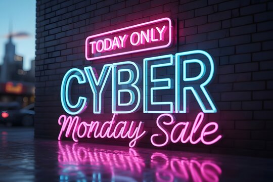 Cyber monday sale neon sign with today only text, glowing brightly on a brick wall at night with city lights in the background, emphasizing a timesensitive retail event