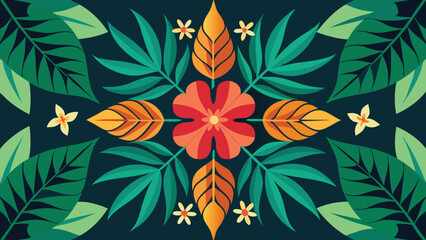 Symmetrical floral and leaf pattern in dark teal and orange nature