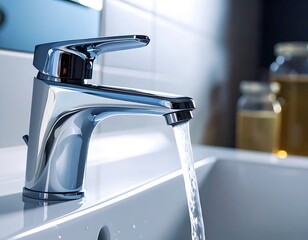 Close-up of a modern chrome faucet with running water