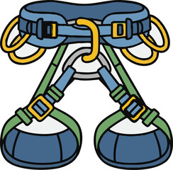 Cartoon Climbing Harness Vector Illustration for Outdoor Adventure Gear and Safety Equipment in Blue Green and Yellow Colors