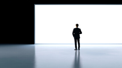 Obraz premium Minimalist shot: presenter silhouetted against bright white projection screen, empty margin above.