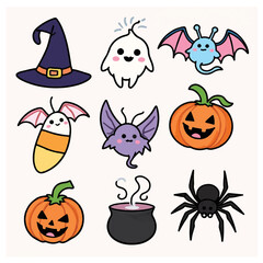 Naklejka premium Cute halloween icons collection featuring witch hat ghost bat pumpkin spider and cauldron