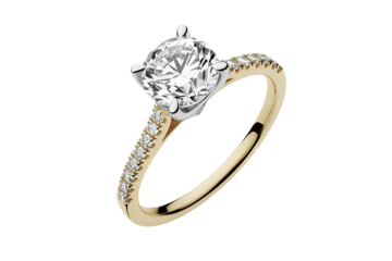 Close-up photorealistic solitaire engagement ring with brilliant diamond in four-prong yellow gold setting, pavé accents, studio shot on black background, elegant jewelry photography