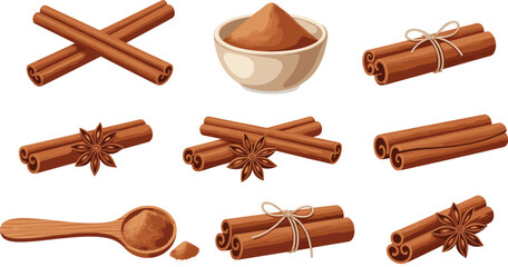 Cinnamon sticks and ground powder with star anise, spoon, tied bundles for cooking, baking, spice blend, festive food illustration design