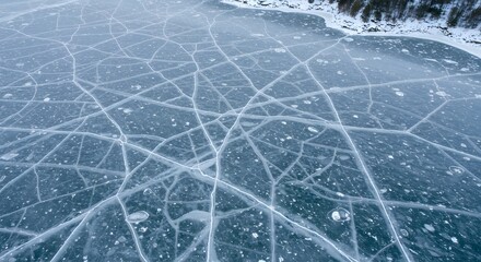 Minimal frozen lake surface with cracked ice lines forming abstract seasonal texture under cold daylight