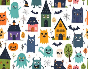 Playful seamless pattern with cute Halloween monsters, haunted houses, bats, pumpkins, and ghosts in vibrant colors. High quality illustration